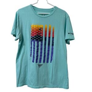 Columbia PFG Mens Sz Medium Blue Short Sleeve Graphic T Shirt Fishing Beach Flag